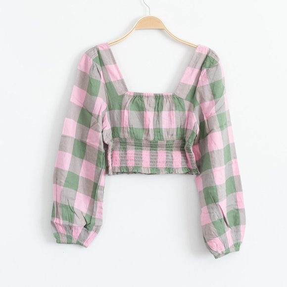BP Womens Pink Green Buffalo Check Smocked Crop Top Size Medium - Picture 3 of 3